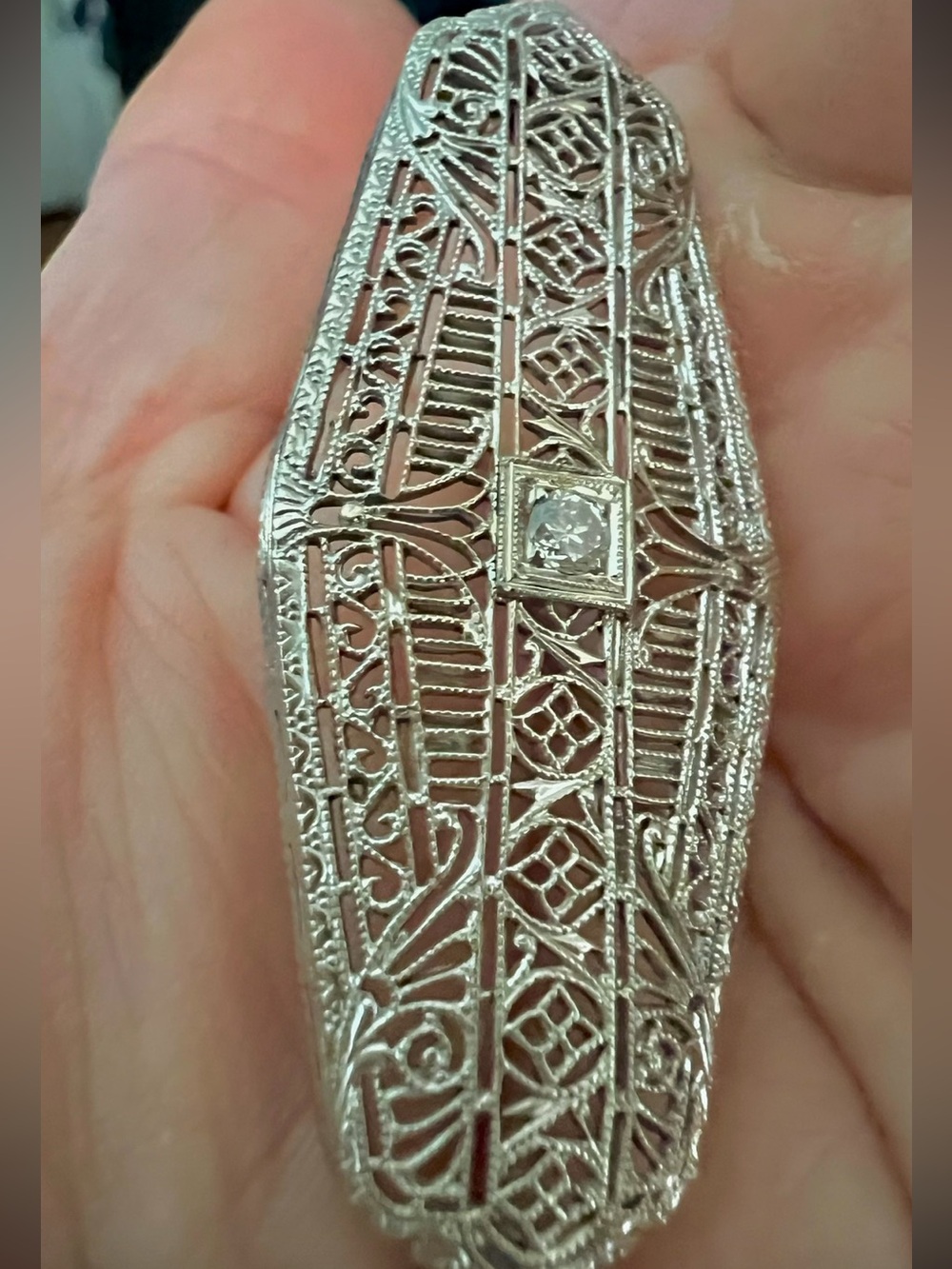 Vintage 🤩S14K White Gold .05ct Genuine Diamond Filigree Art Deco Brooch Pin 4g